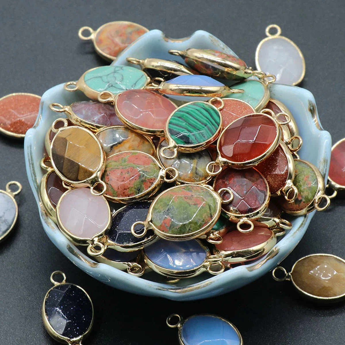 Natural Stone Crystal Double Hole Pendant Oval Shape Charms for Jewelry Making Supplies DIY Necklace Bracelet Accessory 25x13mm image 4