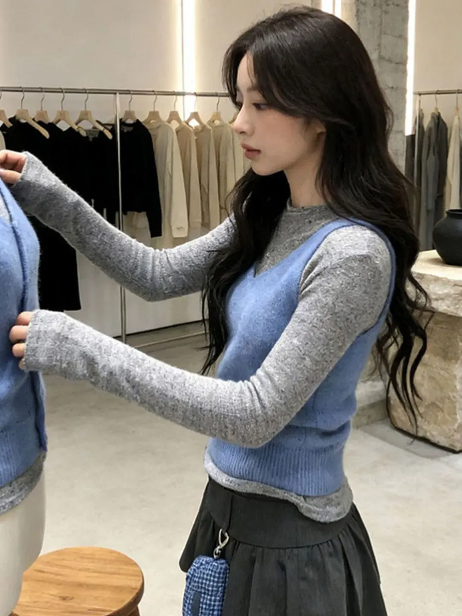 

Весенне-осенний зимний женский комплект в корейском стиле: топ с длинным рукавом и круглым вырезом, жилет и брюки, повседневный модный наряд.