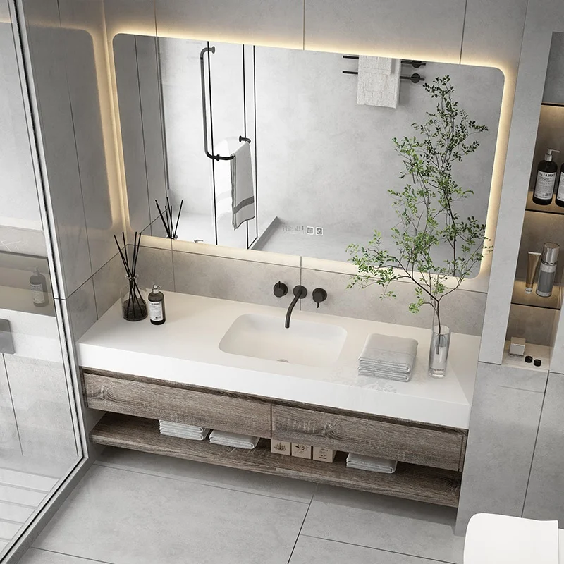 *&q  Modern Wooden Basin Bathroom Vanity LED Mirror Bathroom Cabinet Stone-Paneled Door Toilet Wash Sink Plywood