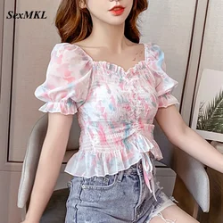 Summer Ruffles Chiffon Blouses Women 2024 Fashion Printed Puff Sleeve Crop Tops Ladies Korean Slim Sexy Y2k Corset Top Blouse XL