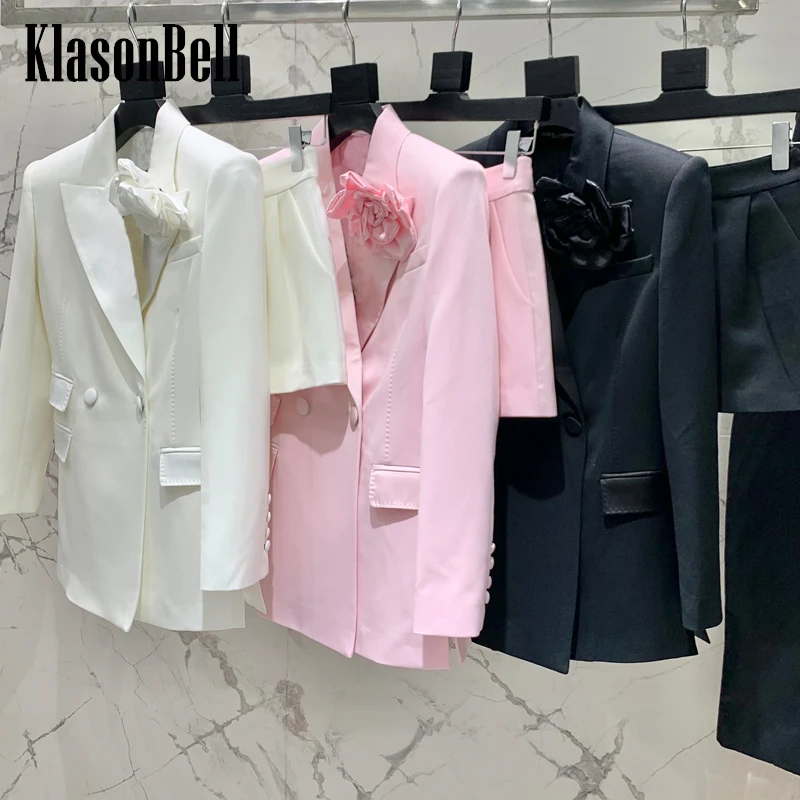 

3.19 KlasonBell Fashion Runway Handmade Flower Decoration Jacket Women Elegant Multi-Pocket Double Breasted Fit Blazer