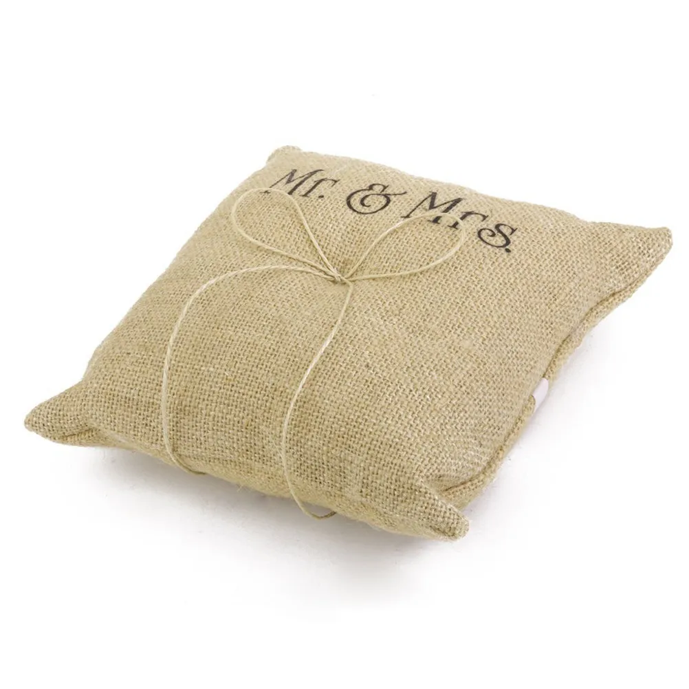 

Mr Mrs Burlap Ring Pillow Handmade Rustic Jute Twine Wedding Ring Bearer Pillow Double Heart Decorative Cushion