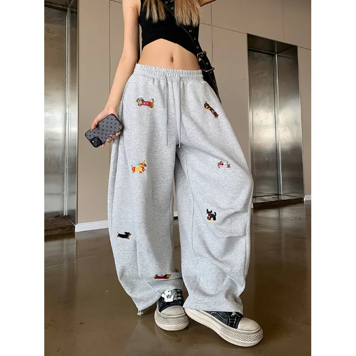 Pure Cotton American Hip Hop Sausage Dog Embroidery Casual Pants Women Loose Streetwear Wide Leg Sweatpants Harlan Pants