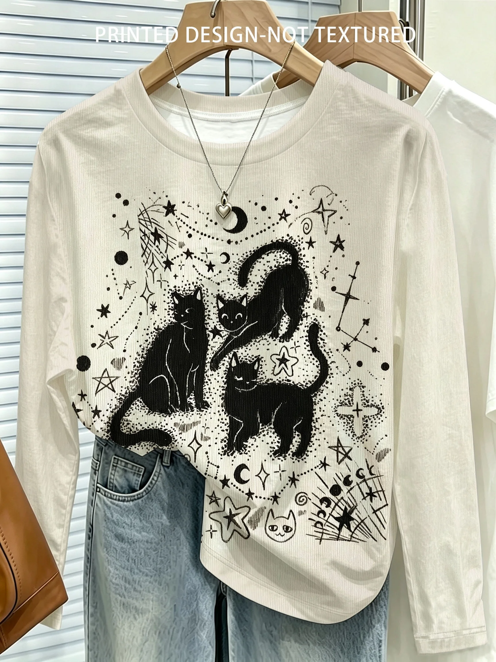 Women Long Sleeve T Shirt Mystic Black Cat Star Moon Print Soft Breathable Casual Holiday Autumn Fashion Women's Clothing
