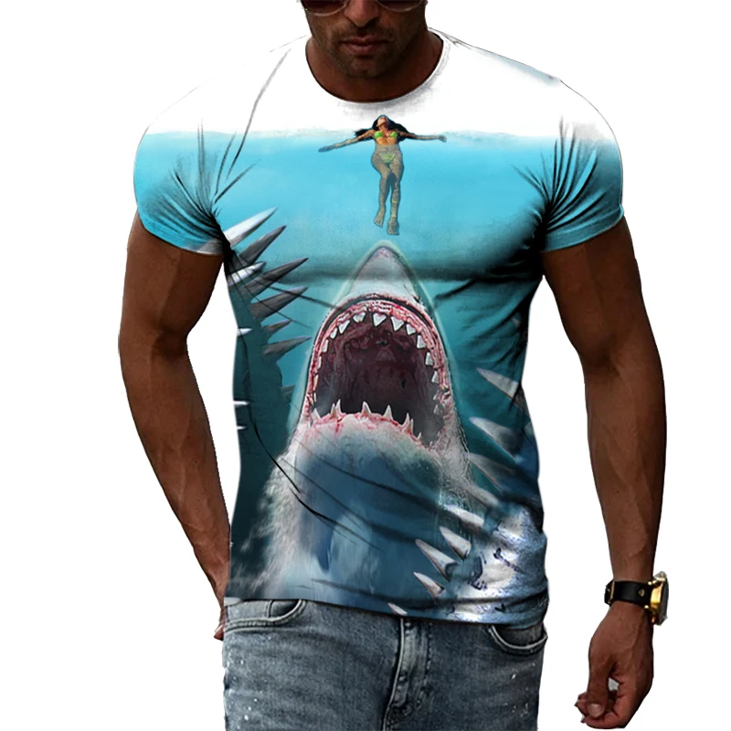 Summer Fashion Trend Sports Shark Graphic Funny Man T-shirts Casual 3D Print Harajuku Personality Round Neck Short Sleeve Top