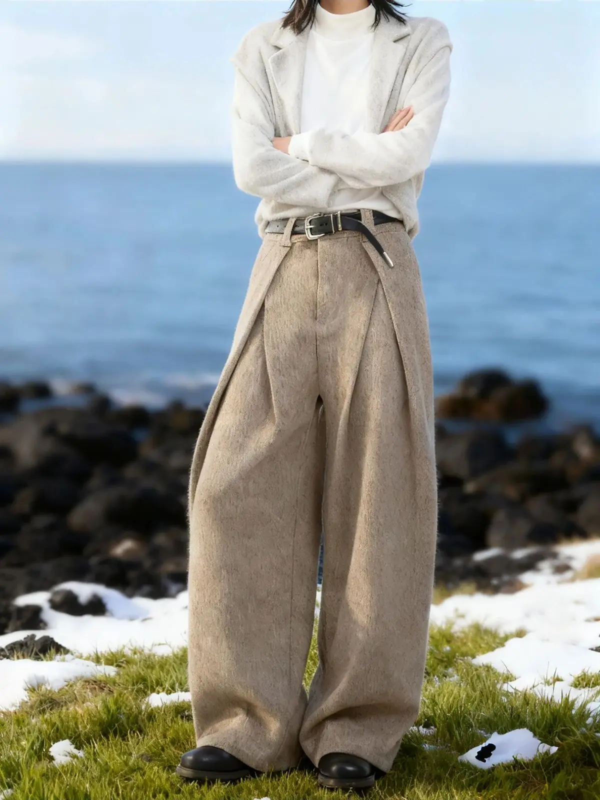 

CHIC Winter Women's Woolen Pants Retro Maillard Trendy Design French Lady High Waist Wide Leg Long Trousers Vintage Casual Pants