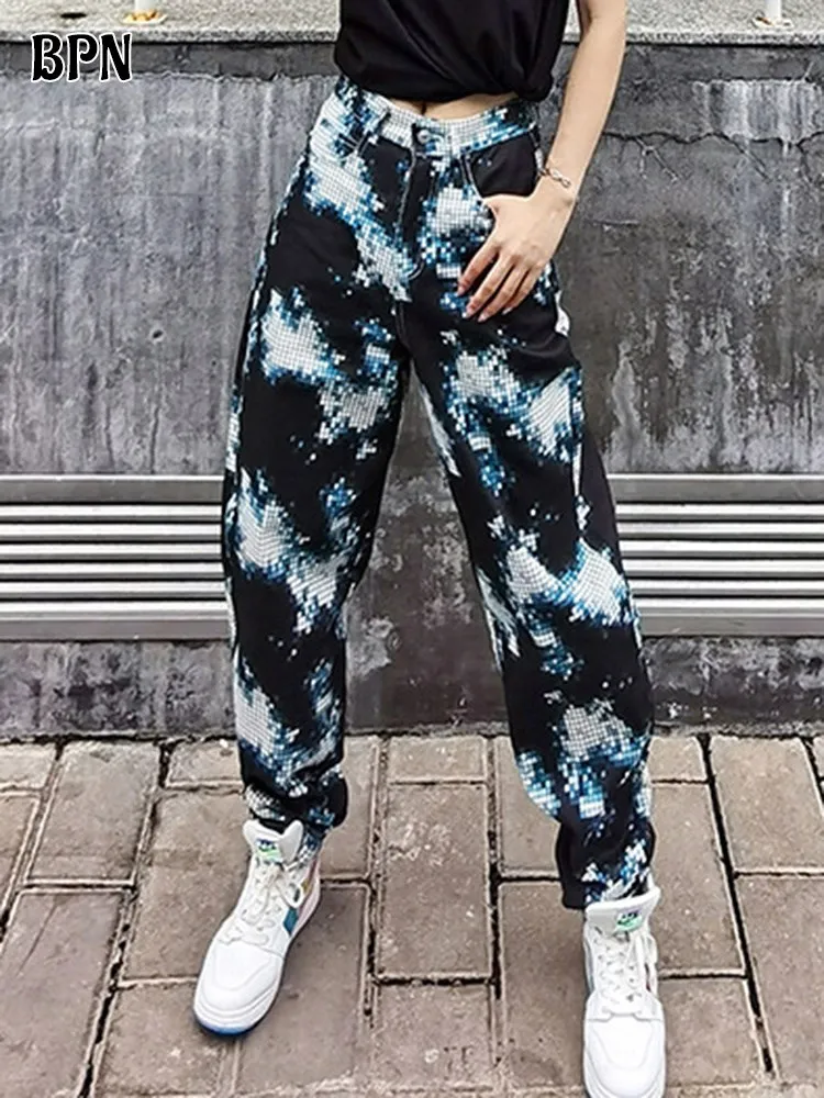 BPN Casual Printing Denim Pants For Women High Waist Patchwork Pockets Hit Color Loose Wide Leg Jeans Female Autumn Clothing New