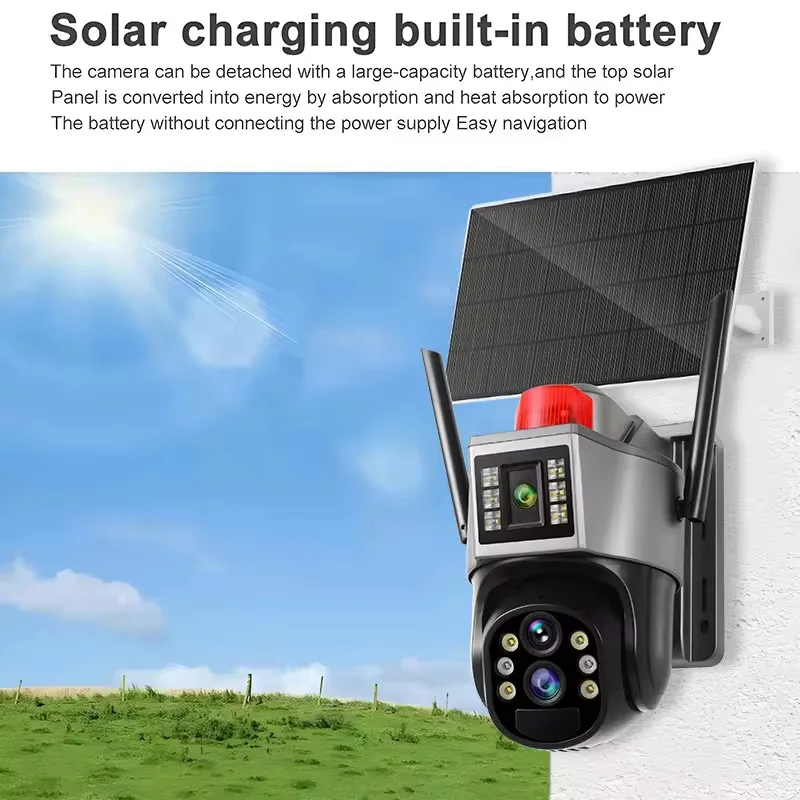 6MP Three Screen 10x Zoom 4G Wifi Dual Panel Outside Camera AI Humanoid Detection Color Night Vision Solar Cctv Camera