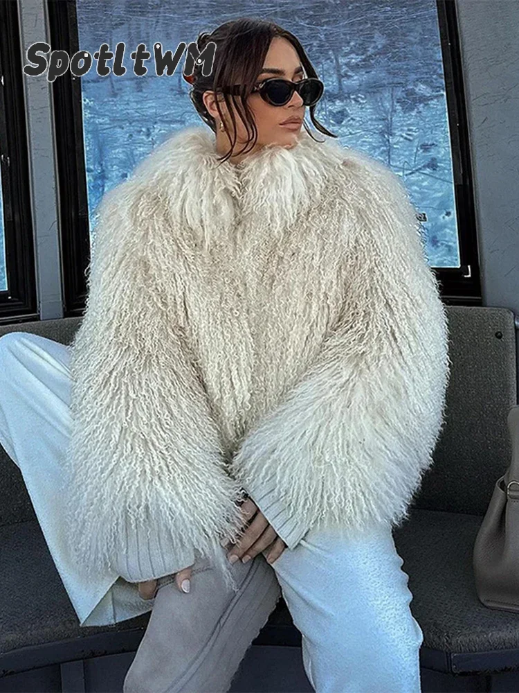 Women Fashion Solid Thicken Faux Fur Coat Elegant Lapel Long Sleeve Cropped Jackets Vintage Female Casual High Street Outerwear