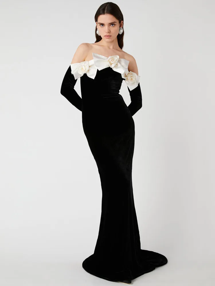 Luxury Sexy Off Shoulder Bow Tie Black Maxi Long Women Celebrity Dress 2024 Elegant Party Evening Club Vestido Clothing