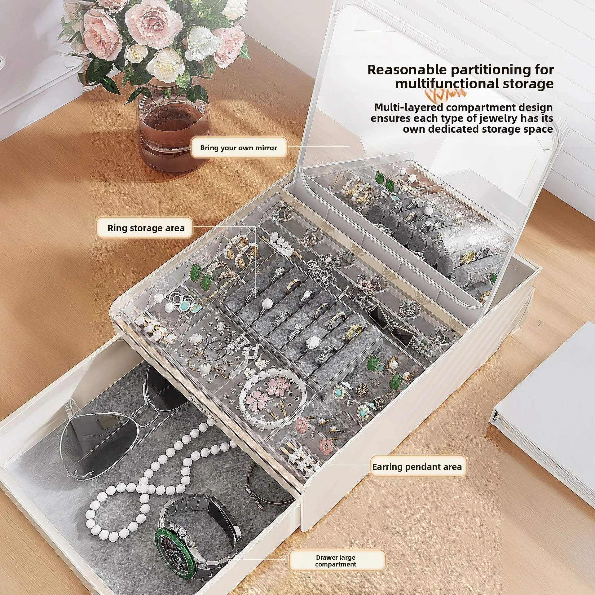 Jewelry box, automatic opening lid, premium earrings, jewelry storage box, ring necklace, large capacity, gift with mirror.