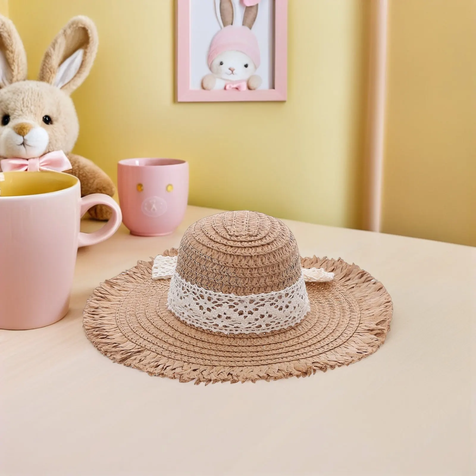 

Miniature Straw Bucket Hats Handcrafted Lightweight Lace Trimmed Dollhouse Mini Accessories Summer Beach Sun Hat Prop