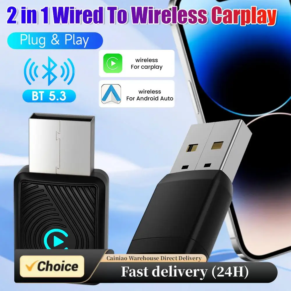 Wired To Wireless Carplay & Android Auto Car Intelligent Systems Voice Control 2 In 1 Dongle for Wired CarPlay Android Auto Cars