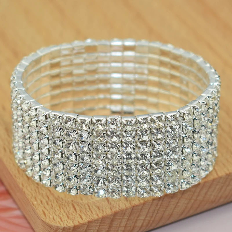 Classic Shining Rhinestone Crystal Stretch Bracelets For Women Girls Bridal Wedding Wristband Elastic Bracelet Gold Silver Color