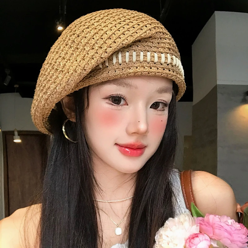 New Summer Solid Color Beret For Women Ins Popular Straw Crochet Fashion Hat Female Cool Cap Outdoor Spring Hat Boina Gift