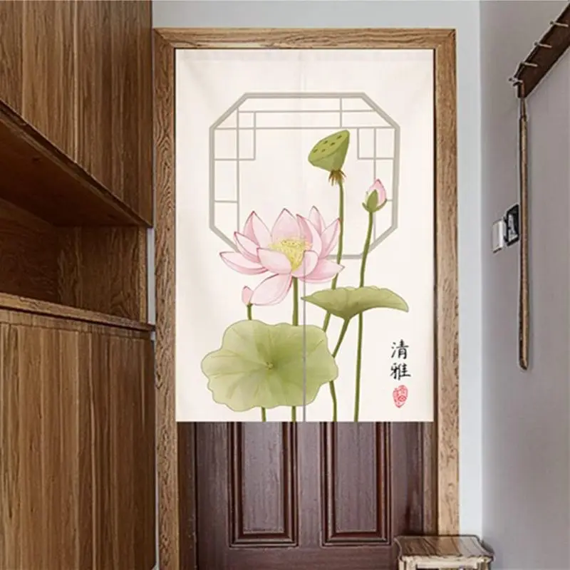 VIKAMA New Chinese Lotus Jade Orchid Japanese Door Curtain Ink Flower Entrance Curtain Kitchen Home Decoration