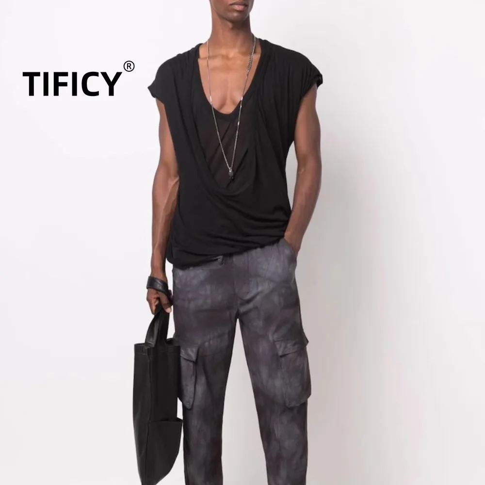 

High Street Dark RO Tees T Shirt Men's Mainline Thin Short Sleeved Double-layer Deep V-neck Vest Loose Tank T-shirt Base Top