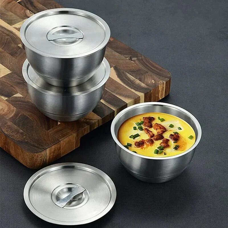 304 Stainless Steel Rice Bowl Set with Lids - 4pcs Thickened Anti-Scald Soup Bowls Kitchen Tableware