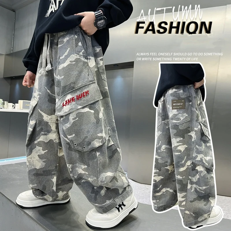 

Baby Boys Pants Tween Boys Autumn Cargo Pants Toddler Students Camouflage Pants Kids Casual Street Fashion Long Pants Age 4-14Y