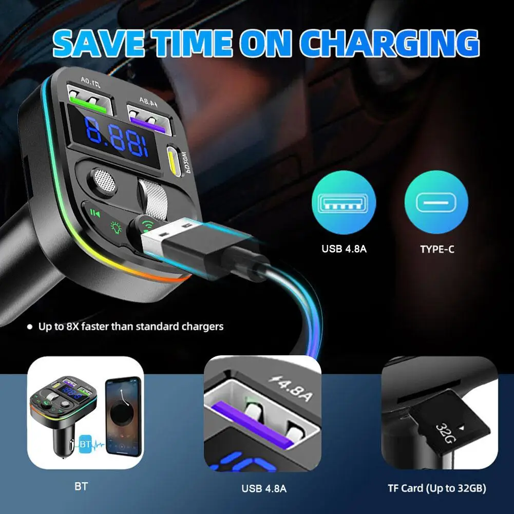 

FM Transmitter PD Type-C Dual USB 3.1A Fast Charger Ambient Light Modulator 5.3 Player Colorful MP3 Bluetooth Handsfree Car B0S6