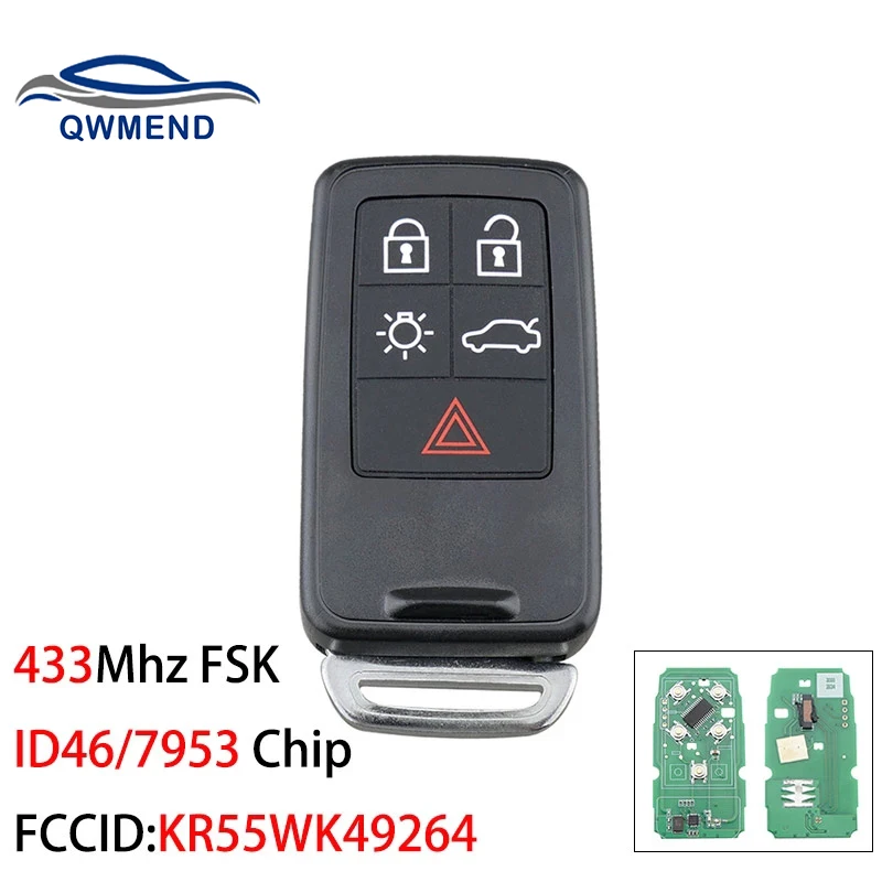 QWMEND KR55WK49264 Smart Car Key for Volvo XC60 S60 S60L V40 V60 S80 XC70 KYDZ 5 Buttons 433Mhz FSK ID46/7953 Chip