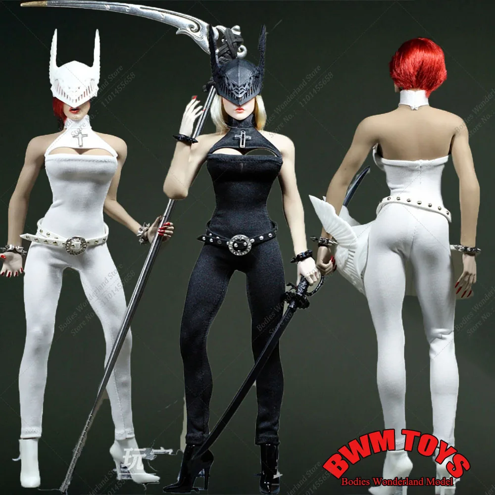 Customized 1/6 Sexy Women Black/White Eagle Warrior Clothes Winged Helmet Cross Tight Jumpsuit fit 12'' Largest Mid Breast Body