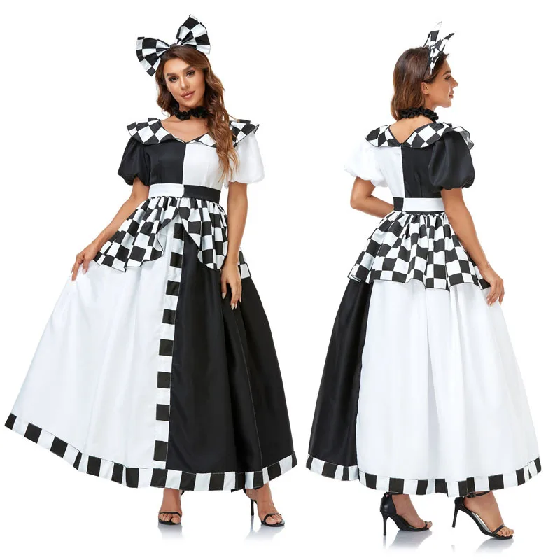 High Quality Alice's Adventures In Wonderland Cosplay Black And White Checkered Mickey Dress Halloween Woman