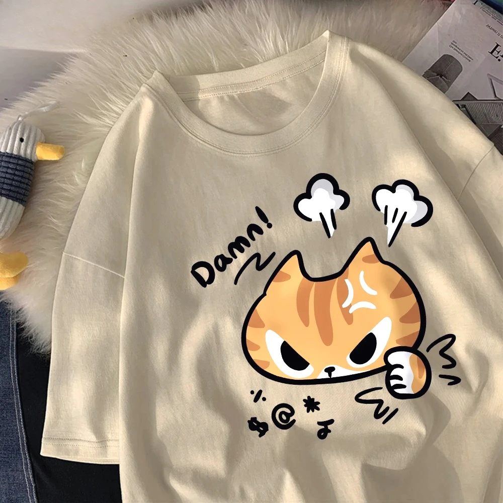 怒っている猫プリントラウンドネックとレディーストップ服 2025 新ファッション夏の女性の服漫画レディースグラフィック Tシャツ