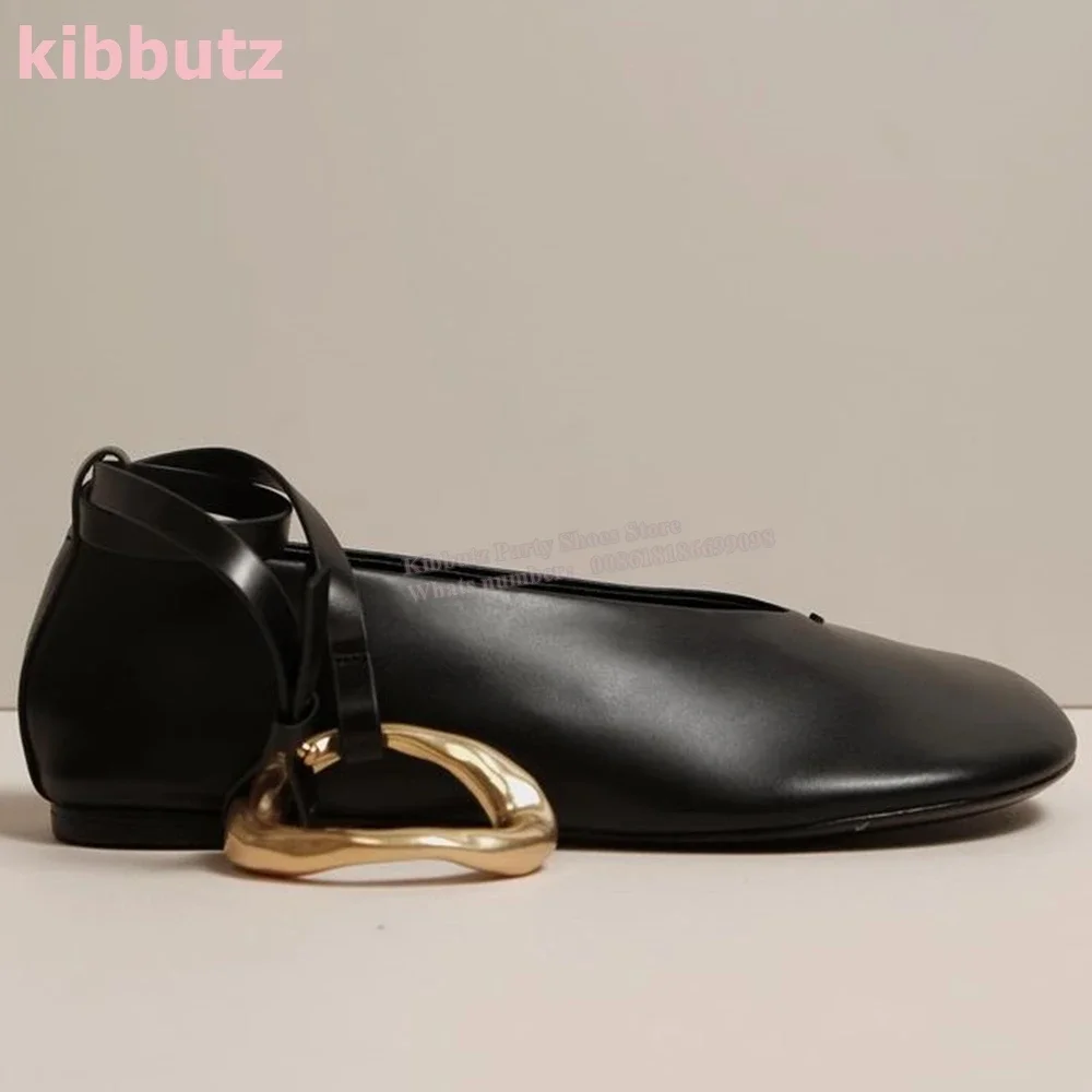 حلقة معدنية حزام الكاحل مضخات جولة تو شقة مع جلد طبيعي الانزلاق على الصلبة موضة أنيقة مثير فستان الحفلات أحذية النساء جديد