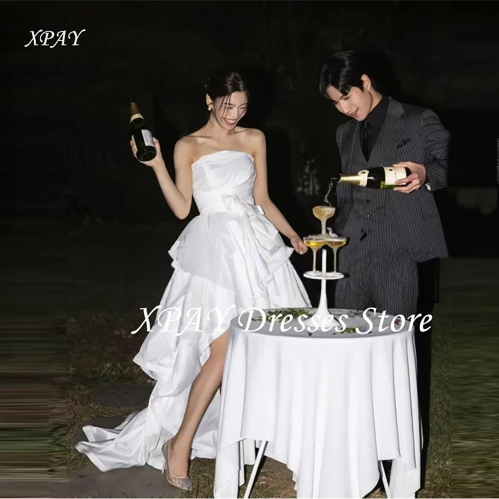 

XPAY Strapless High Low Korea Wedding Dresses Simple Taffeta A Line Photos Shoot Dress Customized Ruffles Short Bride Gown
