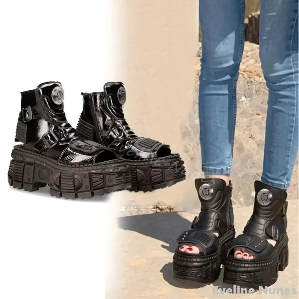 Punk Heavy Metal Sandals Women/men Thick Sole Peep Toe Belt Buckle Boots Vintage Leopard Print Couple Rivet Motorcycle Sandals