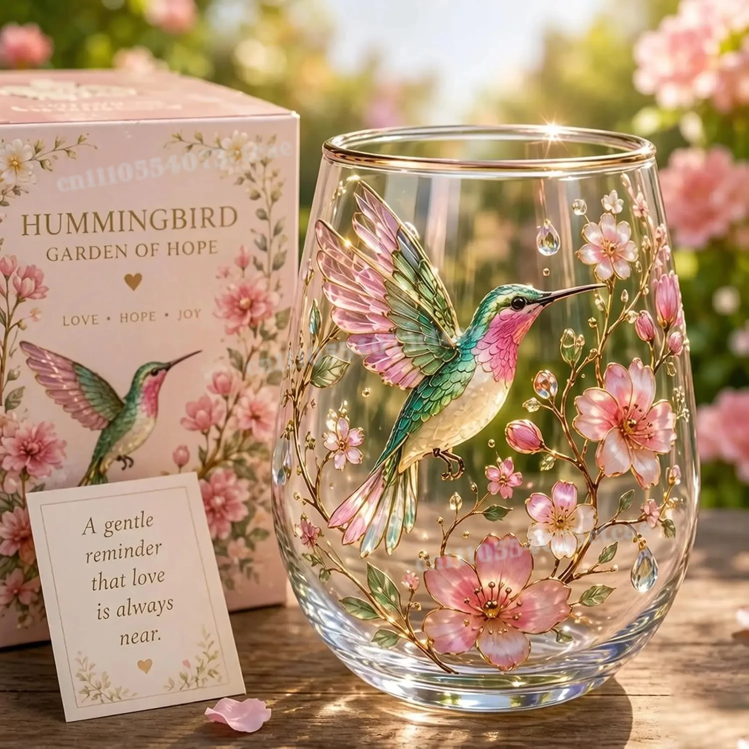 Tasse en verre peinte à la main avec motif floral et colibris Garden Morning Bliss, gobelet en cristal avec bordure dorée, fleurs et oiseaux, avec boîte cadeau, cadeau d'anniversaire