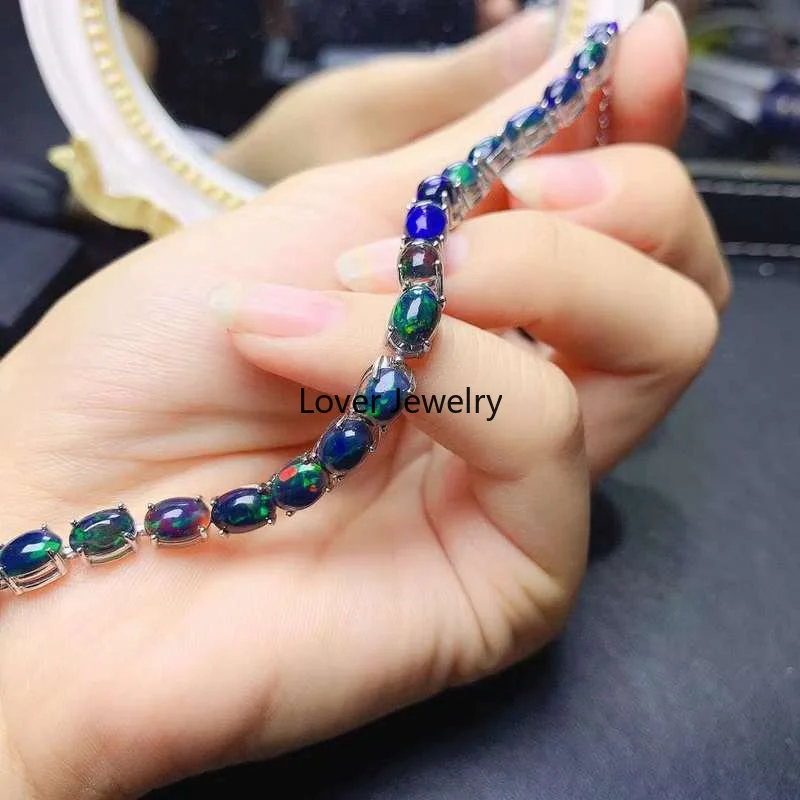 YULEM Natural Opal Bracelet Stone 5mm*7mm 20pcs Black Opal Bracelet with Beautiful Fire Color 925 Silver Bracelets for Women