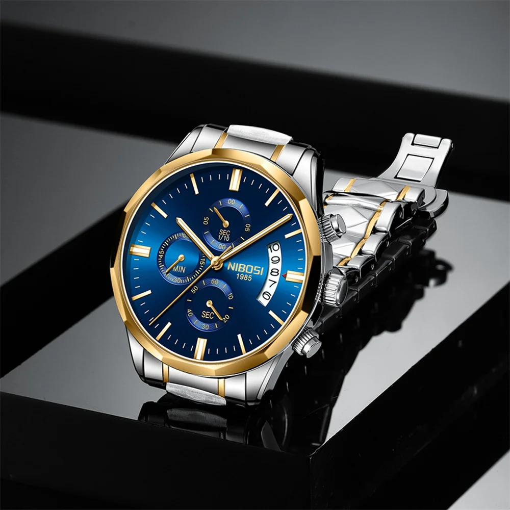 NIBOSI العلامة التجارية موضة ساعة كوارتز رجالية الفولاذ المقاوم للصدأ مقاوم للماء مضيئة التقويم الفاخرة ساعات كرونوغراف رجالي Reloj Hombre