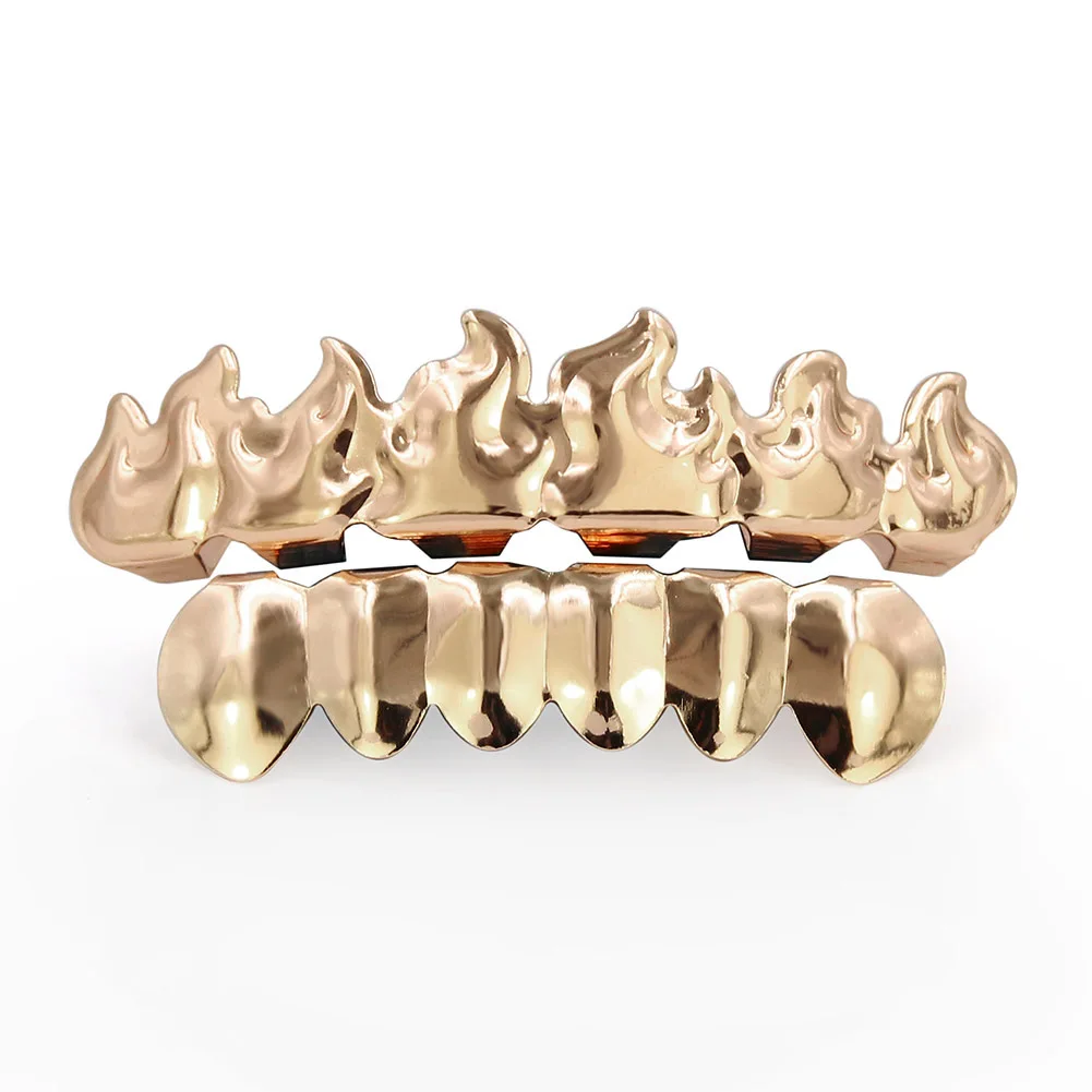 Banhado A Ouro Cor HIP HOP Dentes Grillz, Folha De Chama, Conjunto De Grelha Superior e Inferior, Dentes De Vampiro De Silicone, Presente De Natal