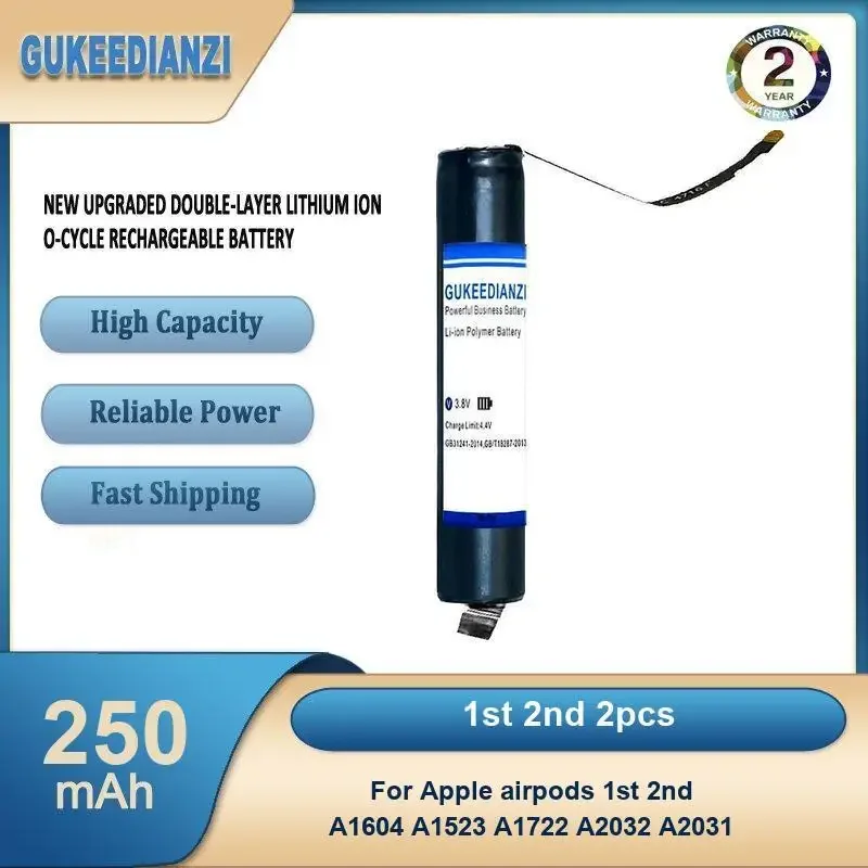 

1st 2nd 2pcs 250mAh High Capacity Battery For Apple airpods 1st 2nd A1604 A1523 A1722 A2032 A2031