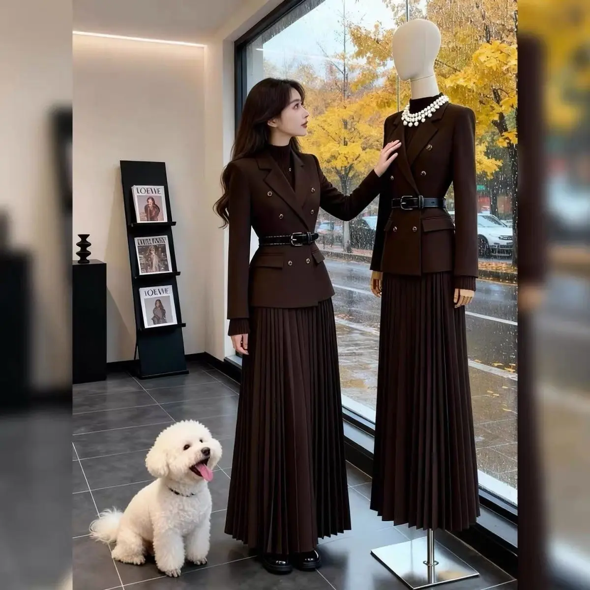 New High End Office Lady Women's Suit Spring Autumn Laple Long Sleeve Blazer + A-line Pleated Long Skirt Two Piece Set Elegant
