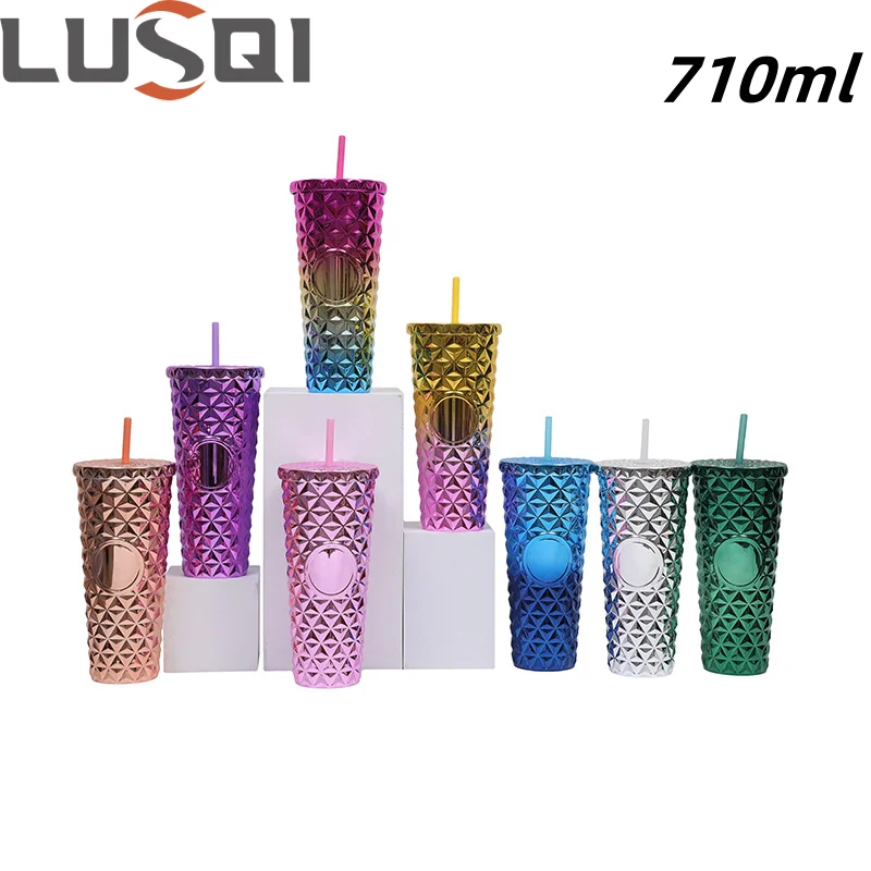 LUSQI 710ML Light Luxury Electroplating Mug Durian Straw Mug Ladies Exclusive High-end Fashion INS Style Office Home Mugs