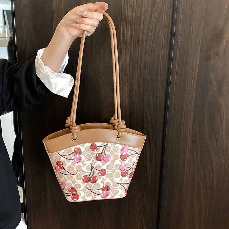 

2025 New Women's Cherry Print Tote Bag - 3-Way Handheld/Shoulder/Crossbody, Large Capacity for Farmer's Market, Embossed Texture