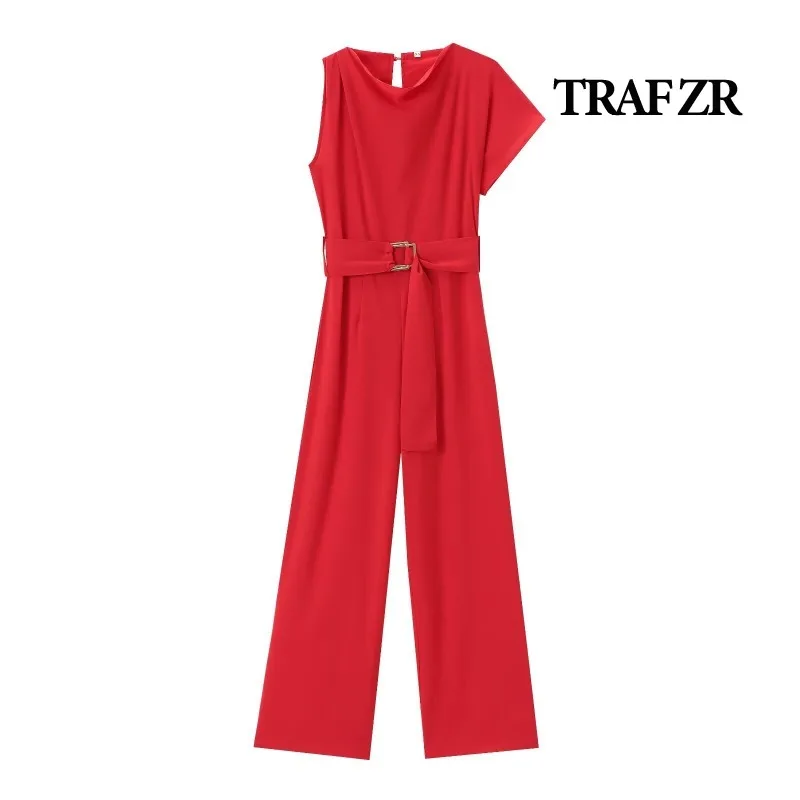 

TRAF ZR Long Jumpsuits Elegant Women's Palazzos Jumpsuit Summer Asymmetrical Jumpsuit Bodysuit Women Solid Basics Jumpsuits