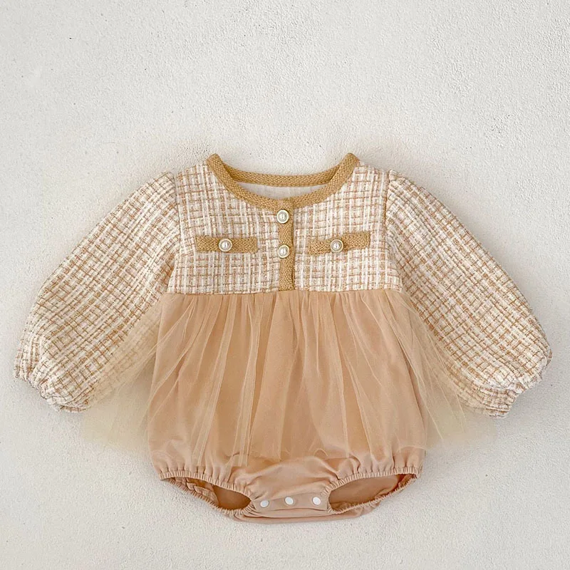 2024 New Autumn 0-24M Children Clothes Toddler Baby Girls Romper Long Sleeved Cotton Mesh Splicing Infant Baby Girls Jumpsuit