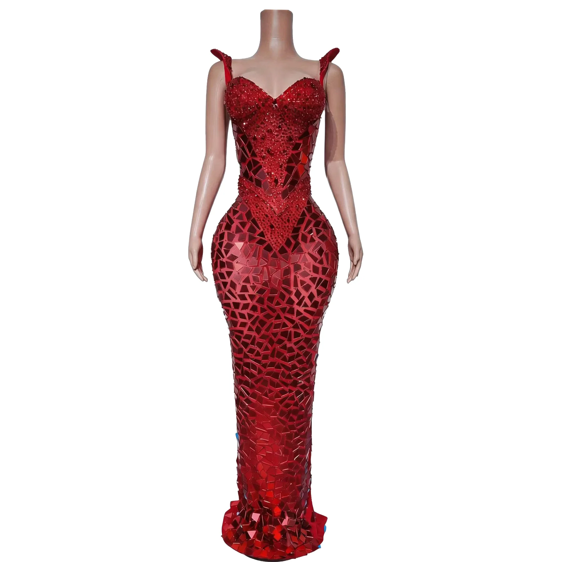 Hongjingpian Elegant Sweetheart Rhinestone Bustier Red Mirror Fragment Mesh Long Mermaid Dress Formal Gala Performance Outfit