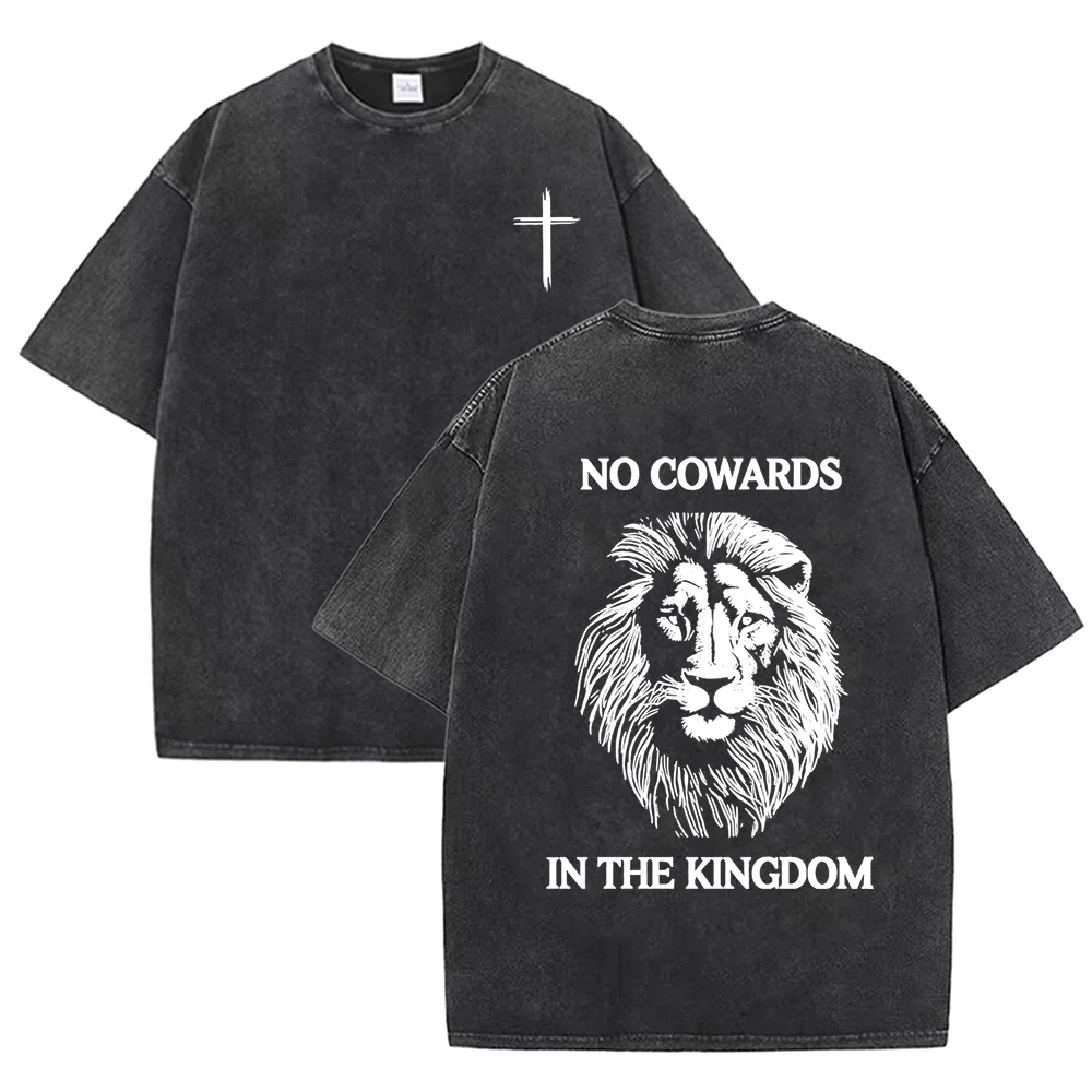 2026 Vintage Washed Black Cross Lion Graphic T Shirt No Cowards In The Kingdom Faith Oversized Casual Streetwear Short Sleeve Te