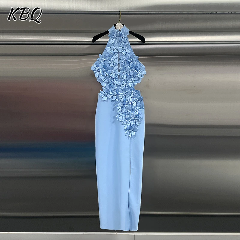 

KBQ Solid Hollow Out Slimming Temperament Dresses for Women Stand Collar Sleeveless High Waist Spliced Appliques Dress Female