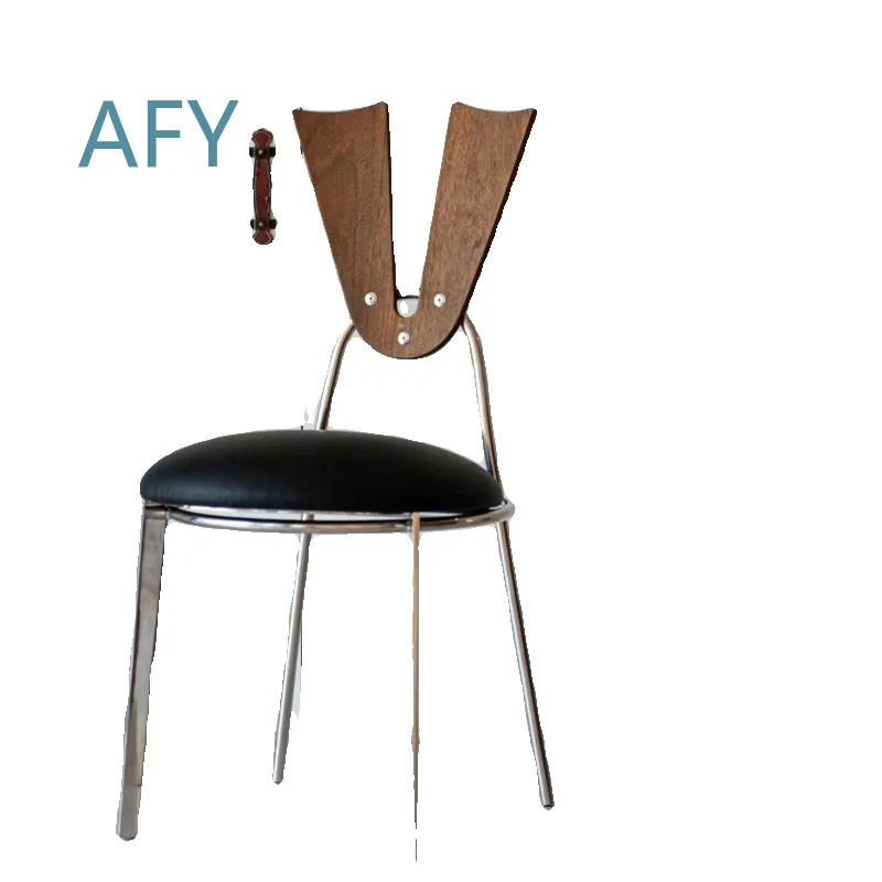 Pre-Aged Minimalist Modern Stainless Steel Dining Chair for Home Office for Small Spaces for Apartment Living Room V Back