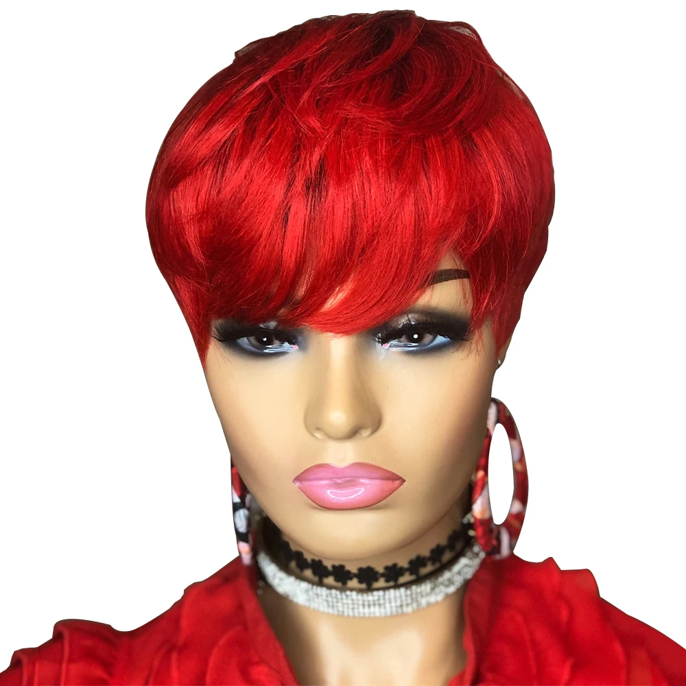 Short Human Hair Wigs Pixie Cut Straight Red Color Brazilian Hair for Black Women Full Machine Made short hair wigs Cheap Wig