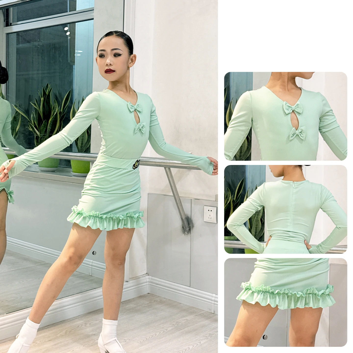 Costumes de spectacle de danse latine pour filles, jupe fendue à manches longues, vert, Chacha Rumba Tango, vêtements latins, nouvelle collection 2025 XH3735