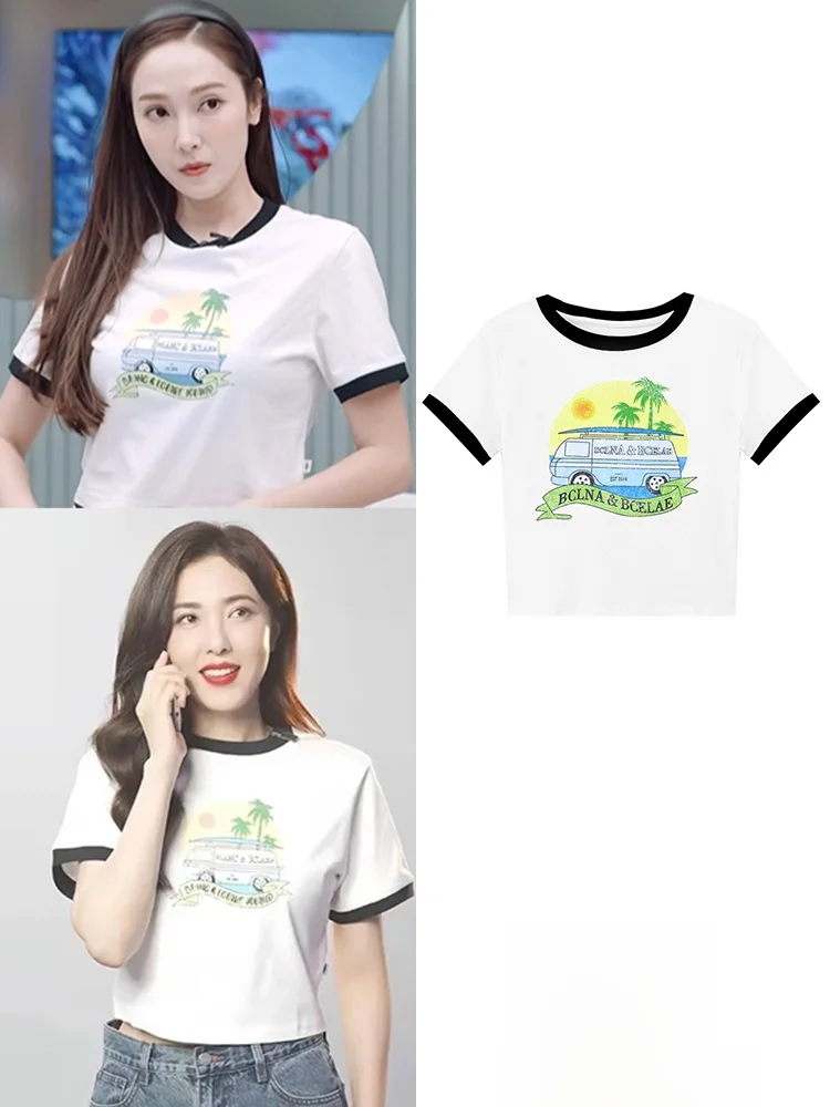 

Black White Short Printed T-Shirt Casual Style Cotton Breathable round Neck Sleeveless Slimming Effect Sister Zhang Xiayan Gi...