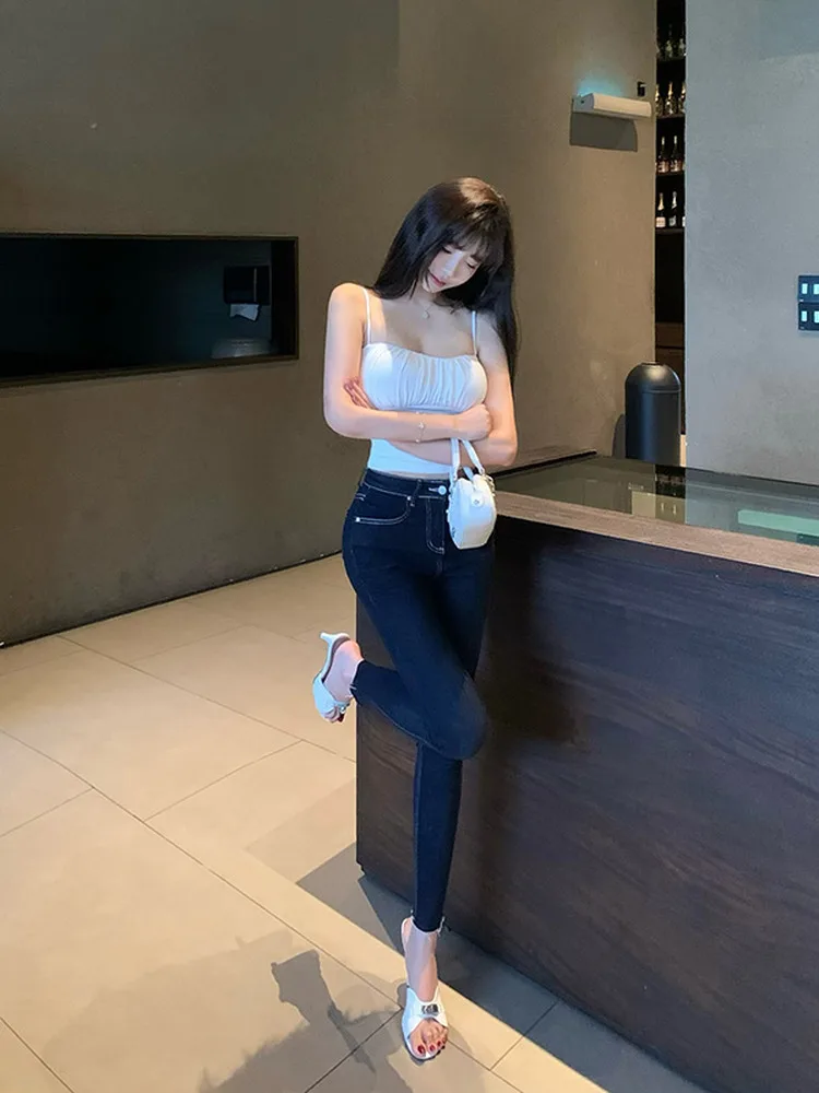 

Ретро-синие джинсы с поясом, облегающие, женские, с высокой талией, утягивающие, фасон «карандаш», эластичные, из мягкого денима, повседневные, для осени