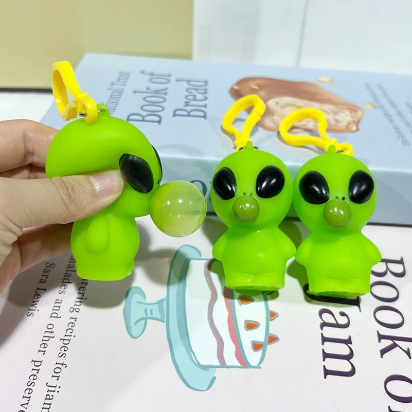 2Pcs Novelty Simulation Alien Squeeze Spit Bubble Toy Keychain Pendant Children's Decompression Toys Pinch Music Fidget Toys